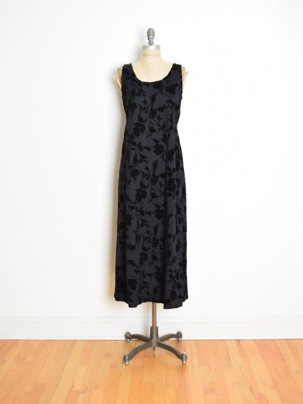 vintage 90s dress black flocked velvet floral print grunge goth long midi S M